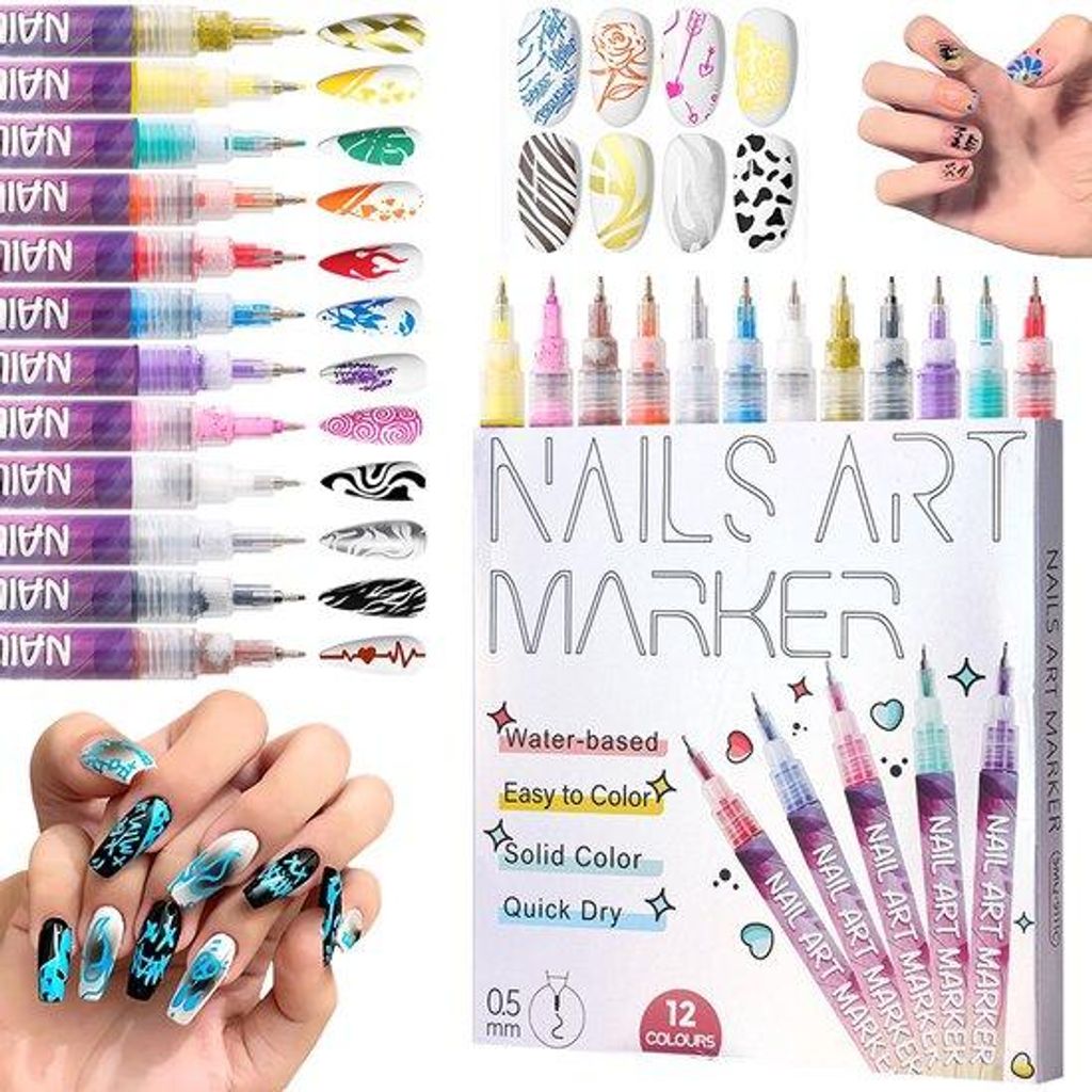 Nail Art Stifte Set 12 Farben – 2025 Upgrade Gel Nagelstifte – DIY Schnelltrocknende Dotting & Liner Pens – 3D Nagellack – Nailart Zeichens...