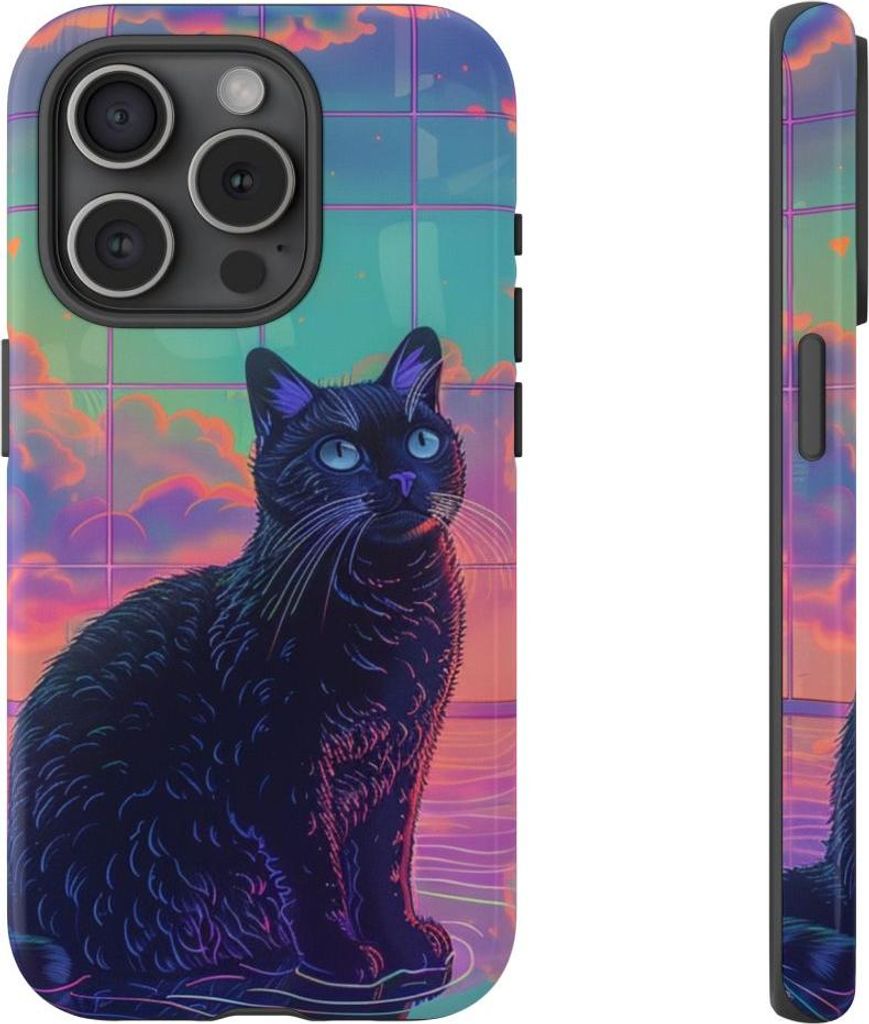 Schwarze Katze mit Neon-Akzenten und farbenfrohem Himmelsreflex – Hülle Kompatibel mit iPhone 15 Pro