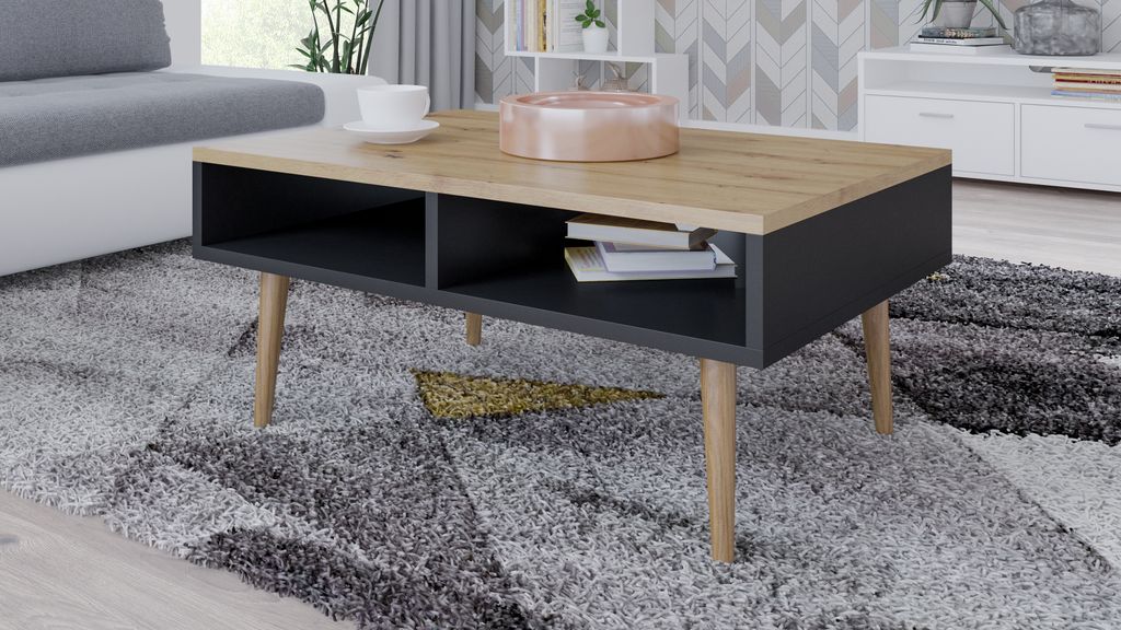 Per La Vita Couchtisch mit Ablage Isla, Beistelltisch Holztisch für Wohnzimmer, Sofatisch klein Holz, Wohnzimmertisch modern Designer,Schwarz Artisan