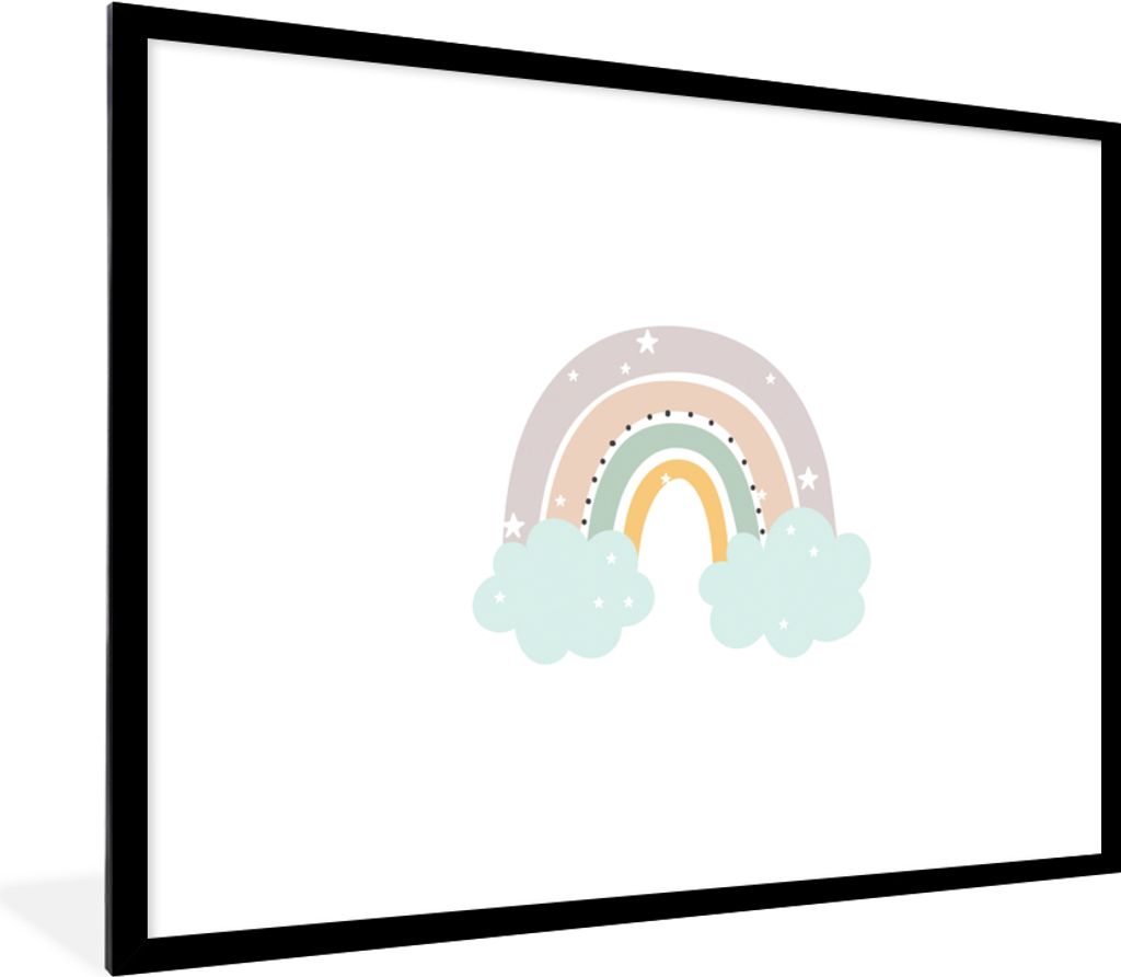 MuchoWow Gerahmtes Poster Regenbogen - Sterne - Punkte - Wolken - Kinder 80x60 cm - Poster mit Schwarzem Bilderrahmen Wandposter Rahmen Foto Bild...