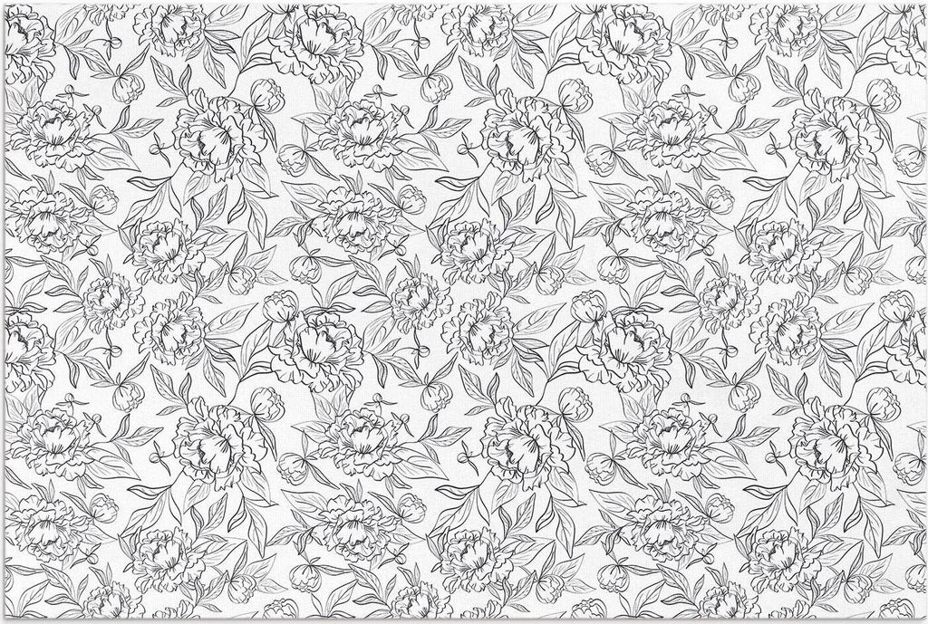 Skizze von Pfingstrosenblüten und Vintage-Blättern – Vinylteppich – 60x90 cm – Outdoor Teppich – Terrasse – Wetterfest – Modern