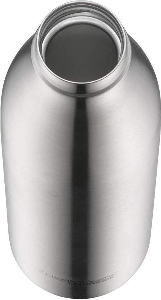 A top-down view of an empty stainless steel thermos bottle.