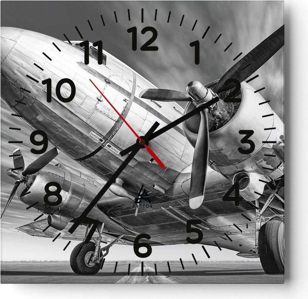 Wanduhr - Quadrat - Glasuhr - Flugzeug Retro Flugzeug - 40x40cm - Schleichendes Uhrwerk - Lautlos - zum Aufhängen bereit - Dekoration Modern - Wan...
