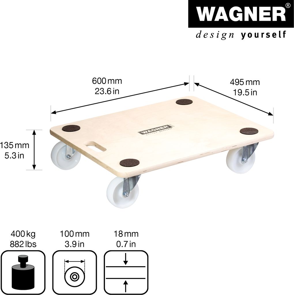 WAGNER Transport dolly MM 1127 I 59 x 30 cm - voor onhandelbare voorwerpen, apparatuur & meubels I draagvermogen 500 kg I praktisch draaggat I zeer mobiel I FSC®-gecertificeerd - 20112701