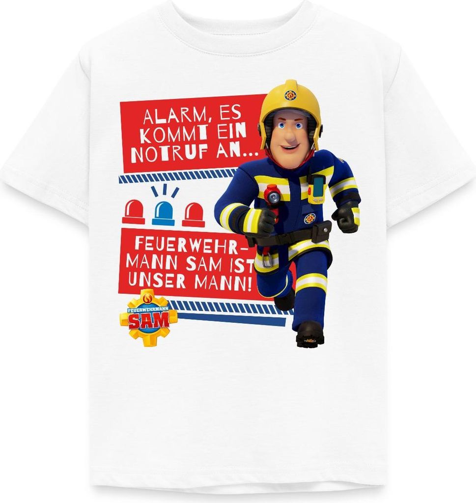 Spreadshirt Feuerwehrmann Sam Mit Text Vom Intro-Song Kinder T-Shirt, 122/128 (7-8 Jahre), Weiß