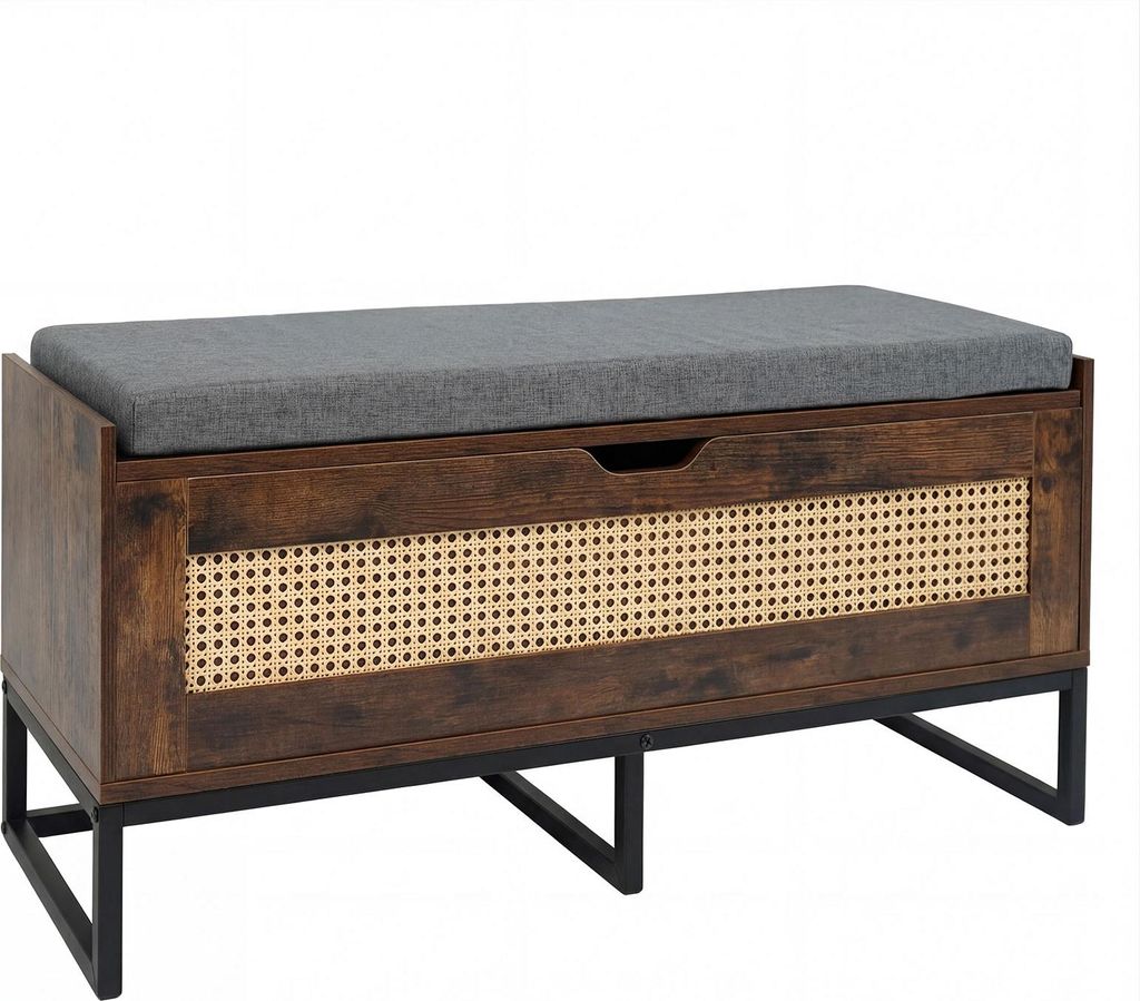 COSTWAY Schuhbank mit gepolsterter Sitzfläche, Rattan Schuhschrank mit Klappdeckel & Sicherheitsbeschlägen, Sitzbank bis zu 200 kg, 100 x 35 x 44 cm