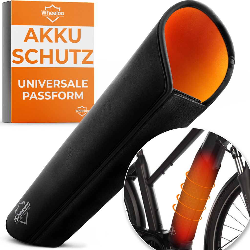 A black e-bike battery cover with an orange interior is shown, along with a box displaying product information. A close-up inset shows the cover on a bicycle frame, with a graphic indicating heat.