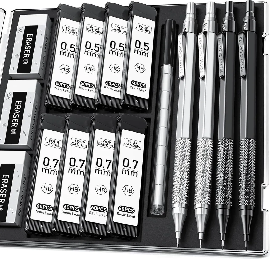 Set de Porte-mine en Métal 0,5 mm et 0,7 mm avec 480 Mines HB et Gommes