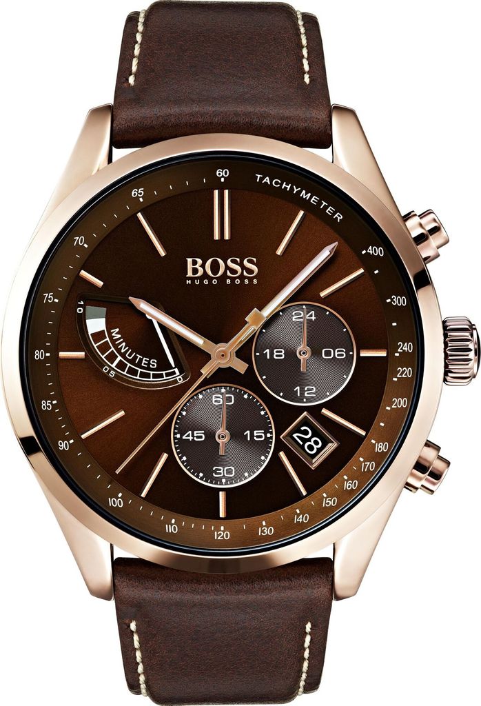 A close-up studio shot of a men's chronograph watch with a brown dial and leather strap.