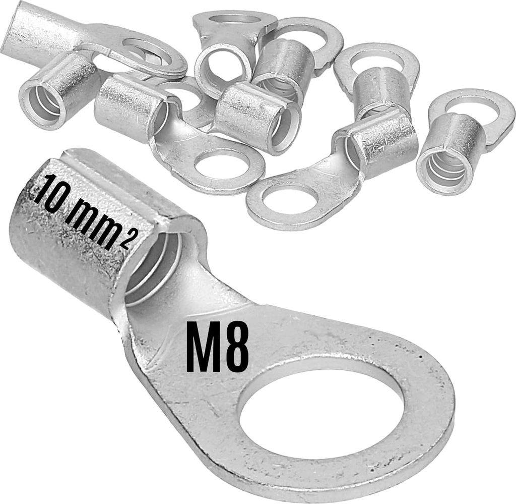 10 Stück Kalitec Q10-8 Quetschkabelschuh 10mm² M8 I Unisoliert I Dornpressung I Für mehr-, fein- und feinstdrähtige Leiter I Kabelschuh 10mm² ...