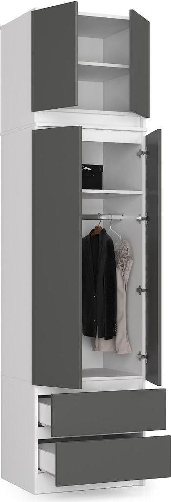 BDW Kleiderschrank mit Aufsatz, 4-türiger Kleiderschrank, Weiß / Grau