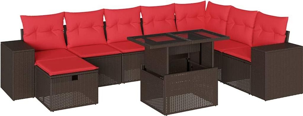 9-teiliges Gartensofa-Set mit Kissen, braun, Polyrattan