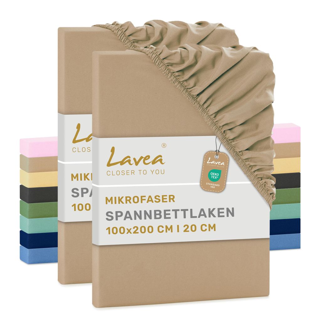 Lavea Spannbettlaken 100x200 cm aus Mikrofaser, Bettlaken mit Rundumgummi, für Matratzen bis 35 cm, 2er Set, Sand