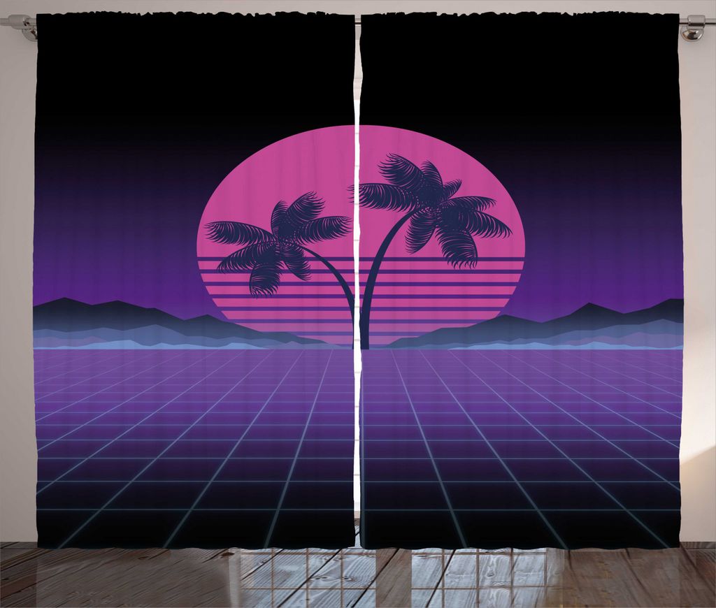 ABAKUHAUS Synthwave Rustikaler Vorhang, Gestreifte Mond Exotische Palmen, Wohnzimmer Universalband Gardinen mit Schlaufen und Haken, 280 x 225 cm, ...