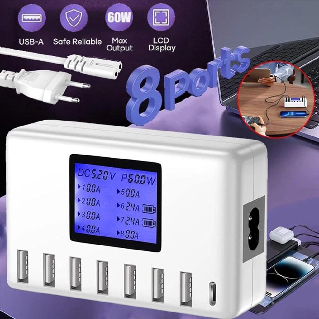 Chargeur USB, 60 W , station de charge USB 8 ports, Image du produit 
