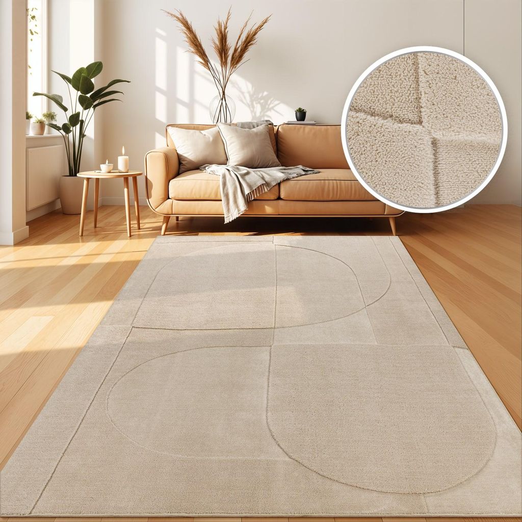 Teppich Kurzflor waschbar Abstrakt 3D schmutzabweisend Creme Rechteckig 120x170 | 100% Polyester | Florhöhe: 12 mm | pflegeleicht