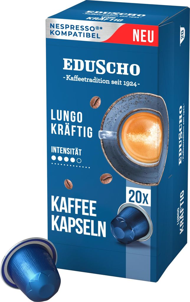 Tchibo Eduscho Lungo Kräftig Kaffeekapseln, 20 Stück, kompatibel mit Nespresso, mittlere Röstung, aromatisch und vollmundig im Geschmack, nachha...