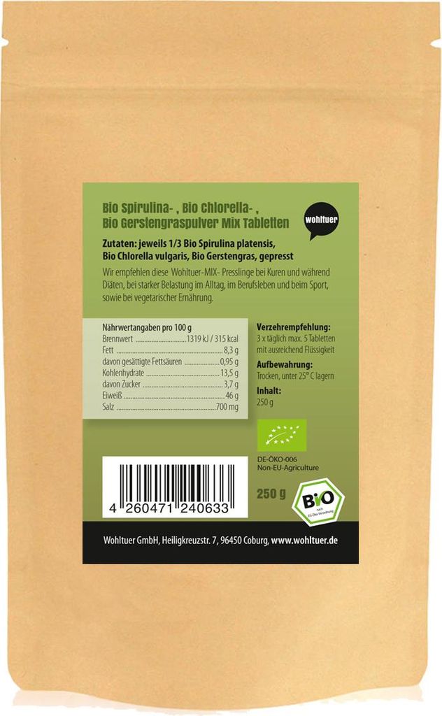 Wohltuer Spirulina Chlorella GERSTENGRAS MIX 250g Tabletten