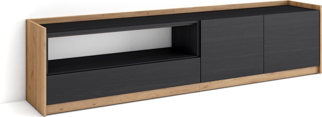 TV-Schrank, Lowboard, 207x37x50cm, Für TV-Geräte bis zu 80", Fernsehtisch, Schwarz Eiche