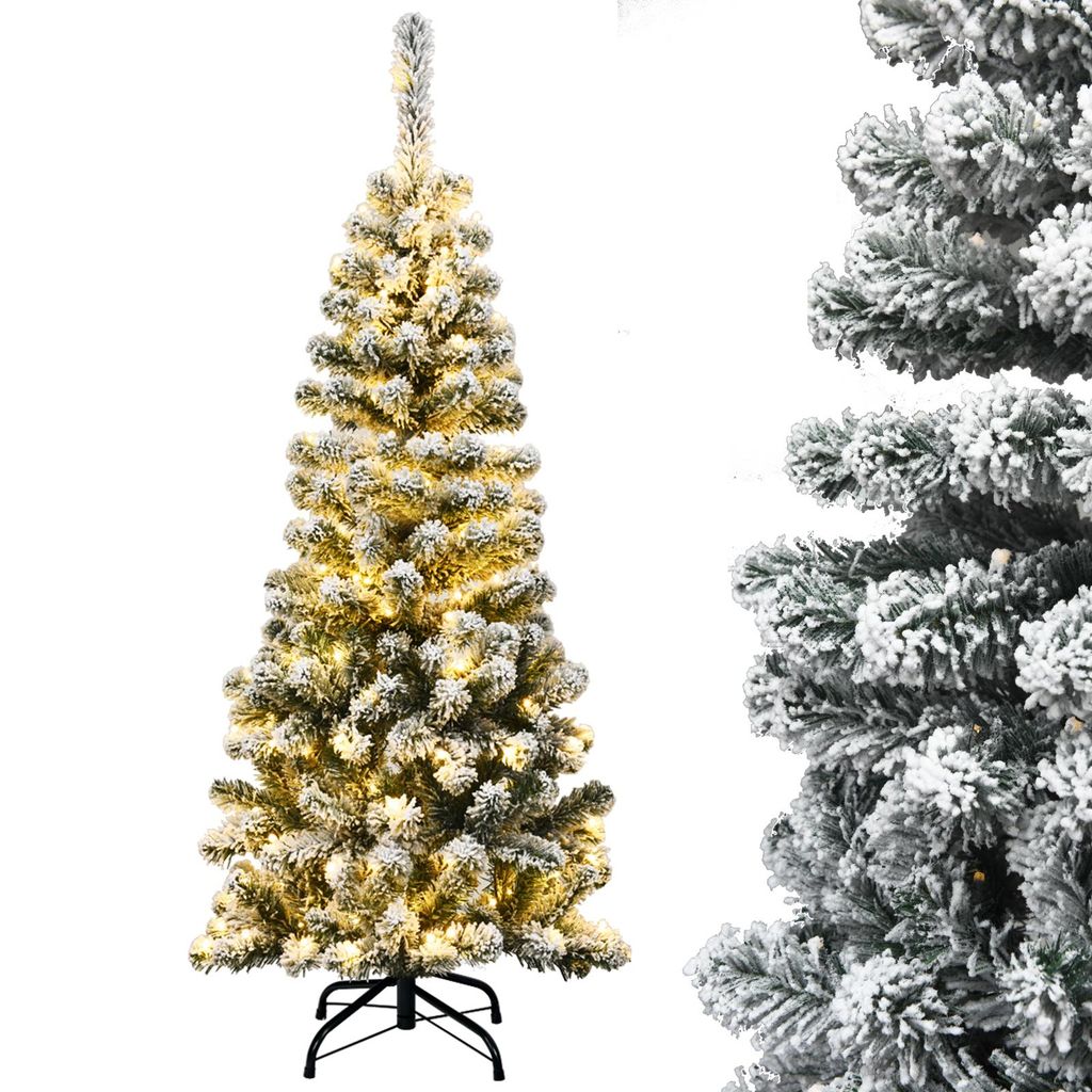 A flocked artificial Christmas tree with warm white LED lights and a black metal stand, presented against a white background. A close-up of a similar tree is shown to the right.
