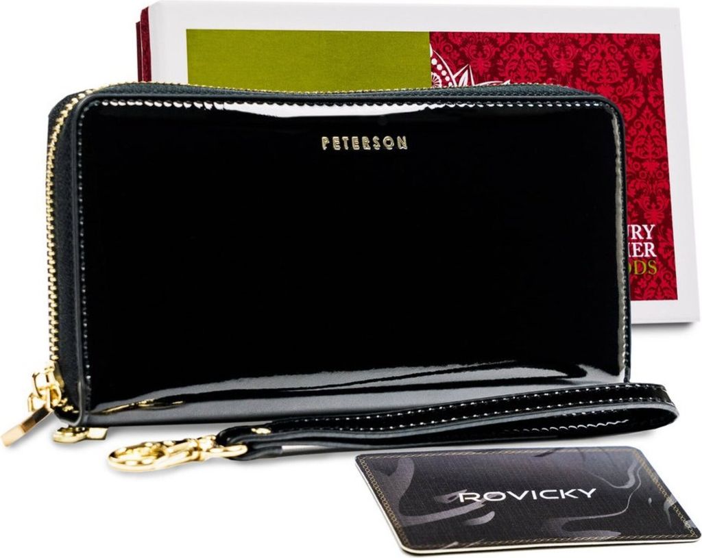 Peterson | Großes Portemonnaie, Bleistiftmäppchen, für Frauen, aus Naturleder, Schwarz, 19x9.5 cm