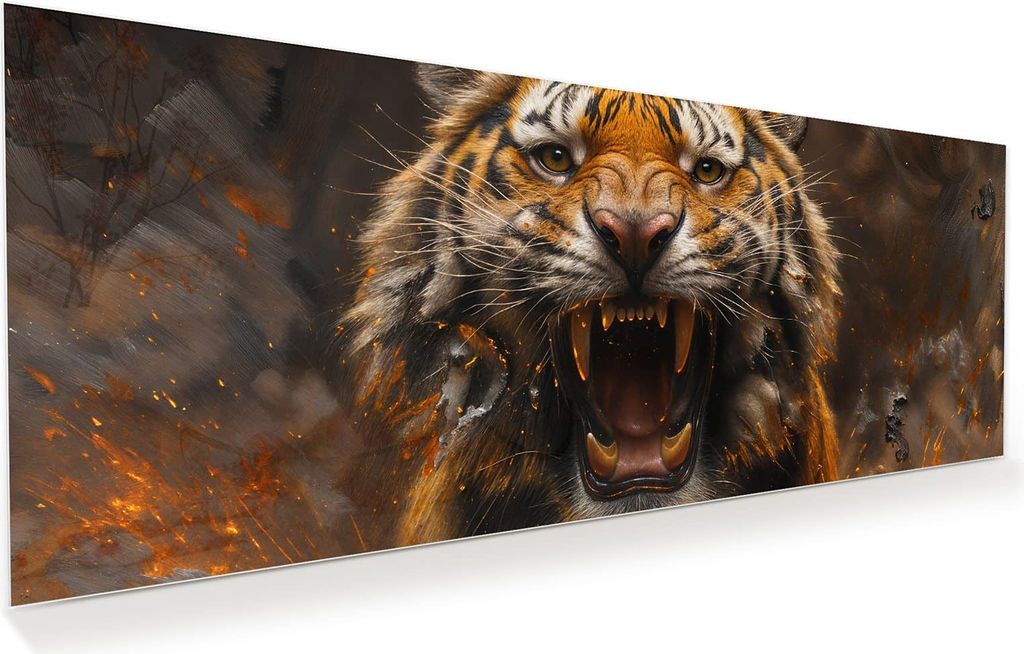 Glasbild 100x40cm in XXL für Wohnzimmer, Schlafzimmer Motiv Tiger im Feuer