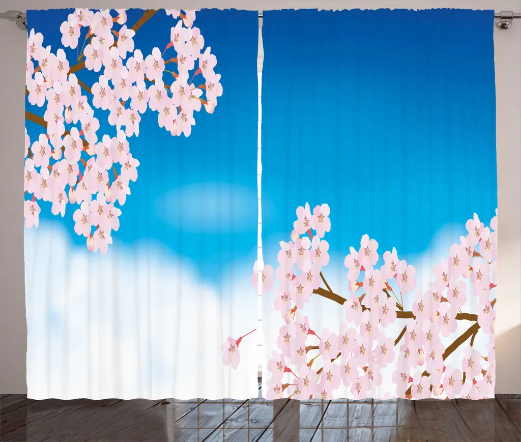 Rideau bleu azur à motifs fleurs délicates, tissu avec plis - 280x225cm