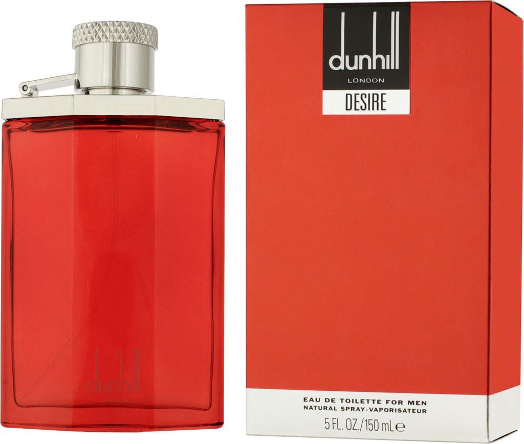 A red bottle of Dunhill Desire for Men Eau de Toilette is shown next to its red packaging.