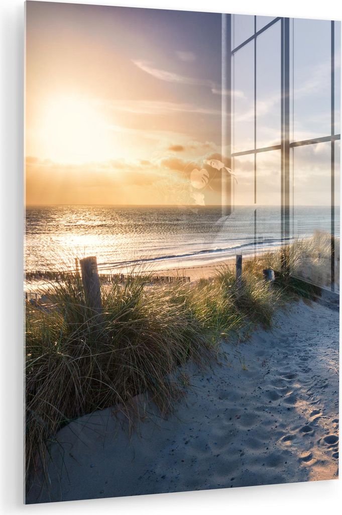 MuchoWow Glasbilder - Bilder auf Wandbild - Foto auf Glas Sonnenuntergang - Strand - Düne - Gras - Bank 30x40 cm Wanddekoration aus Glas - Acrylgl...