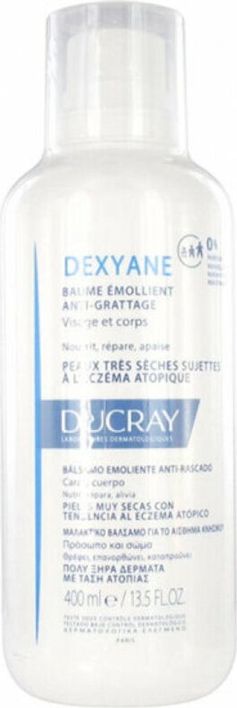A white bottle of Ducray Dexyane emollient cream against a white background.