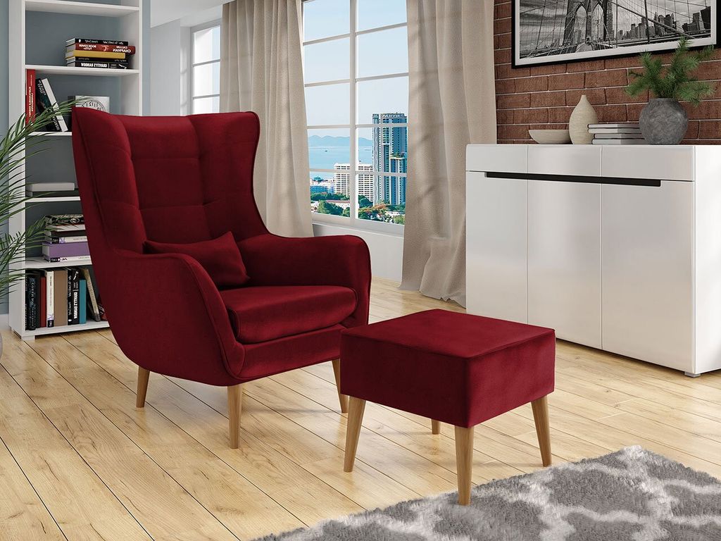 Designové křeslo ušák s taburetkou LEVI - červené Obrázek produktu 