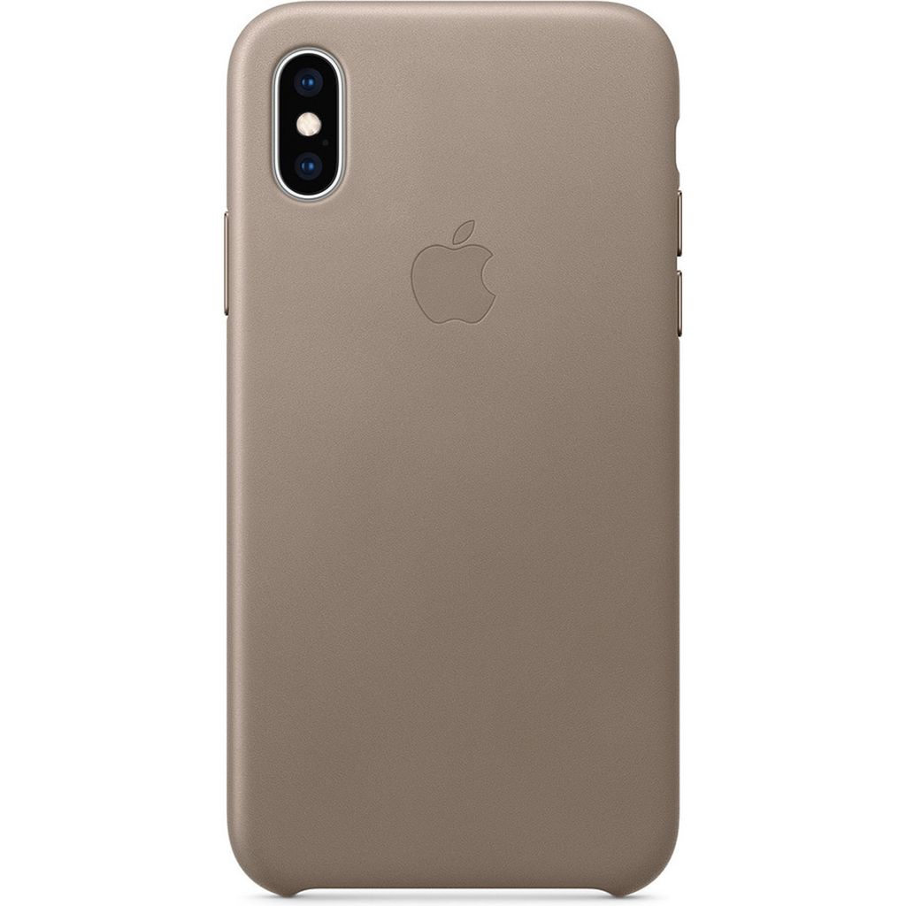A back view of a brown iPhone case with an Apple logo.