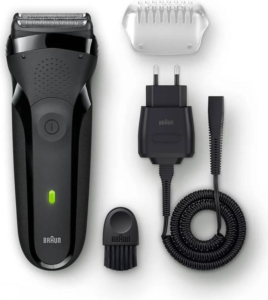 A black electric shaver and its accessories are laid out on a white background.