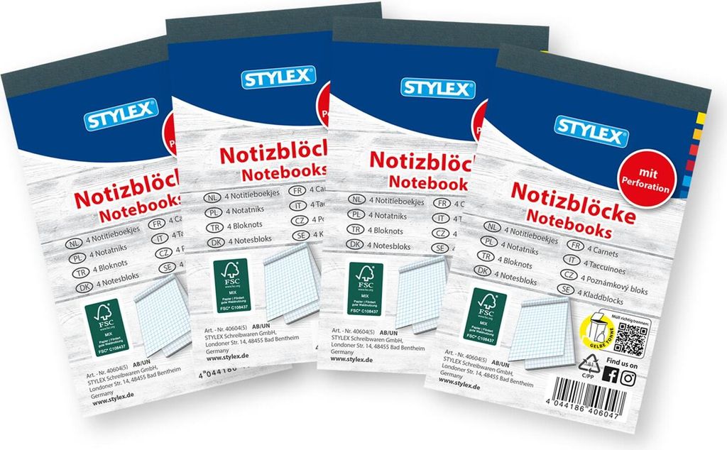 Stylex 40604 Notizblock, DIN A7, kariert, 4 Stück,