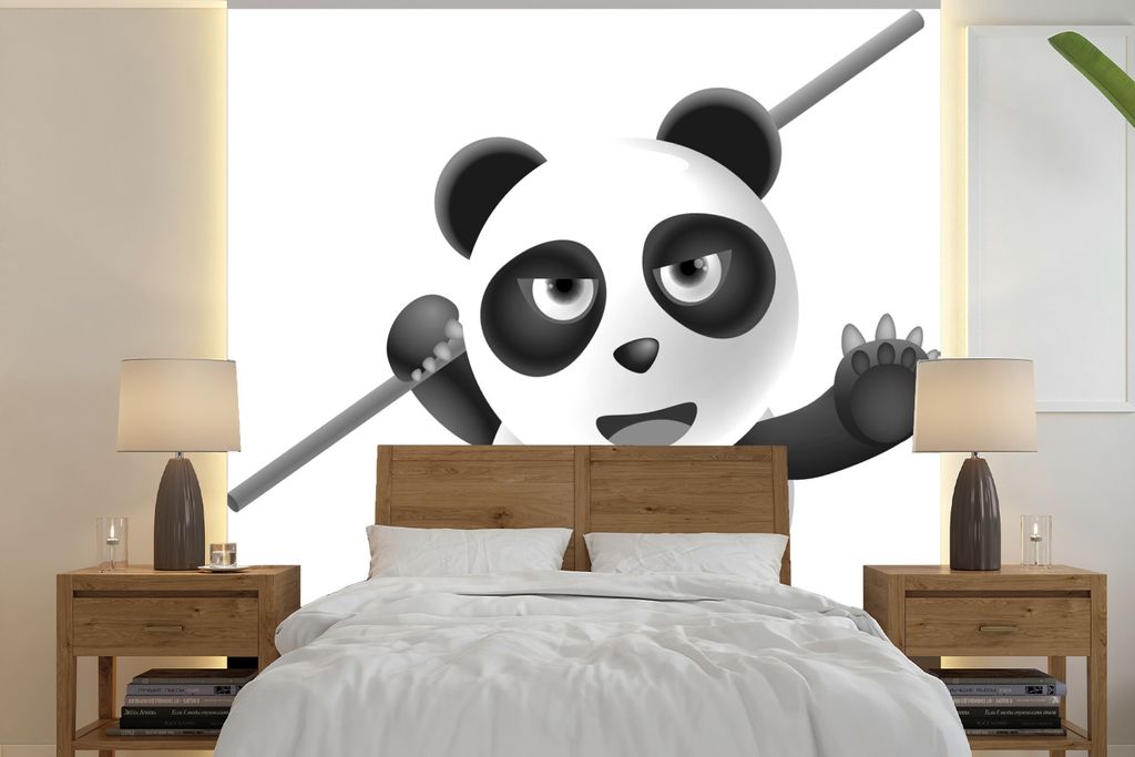 MuchoWow Fototapete für Wohnzimmer oder Schlafzimmer Wandtapete Vinyl Motivtapete Eine Illustration eines Kungfu-Pandas - schwarz und weiß - 26...