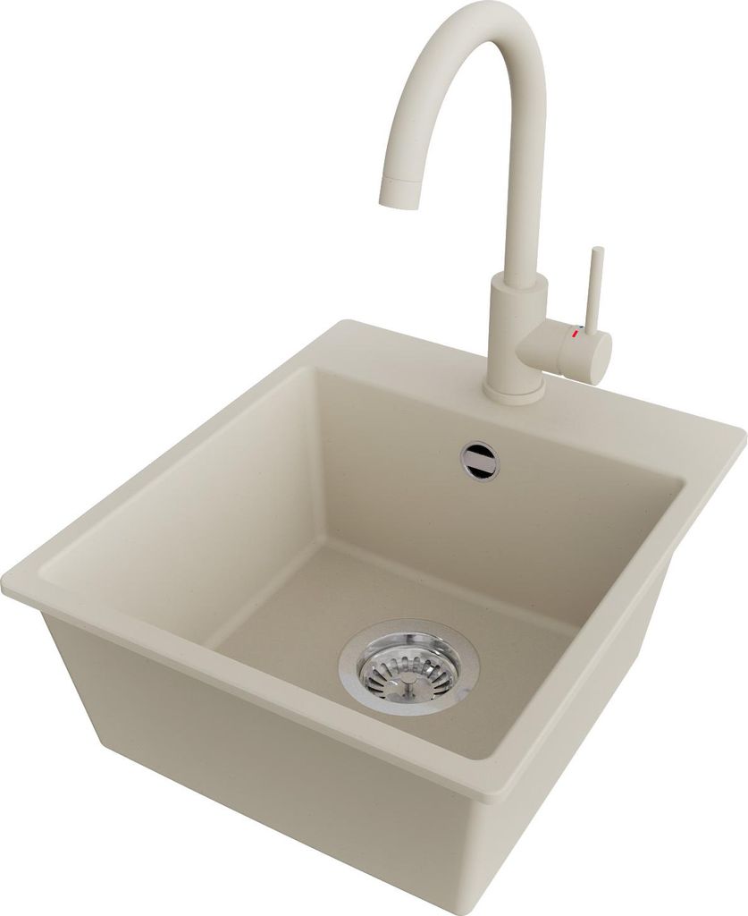 PRIMAGRAN Granitspüle Beige 38x44cm, Spülbecken 1 Becken + Küchenarmatur 32x20cm + Ablauf-Set, Küchenspüle ab 40er Unterschrank - Riga Easy