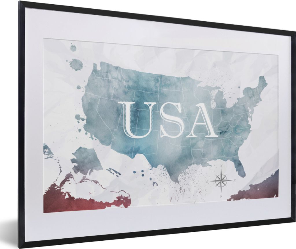 MuchoWow MuchoWow Gerahmtes Poster Weltkarte - Vereinigte Staaten - Ölfarbe 60x40 cm - Poster mit zchwarzem Bilderrahmen - Schlafzimmer - Plak...
