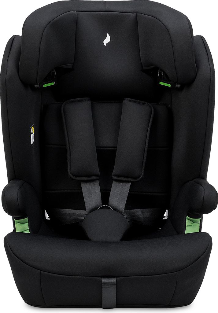 A black child car seat with green accents, shown from the front.