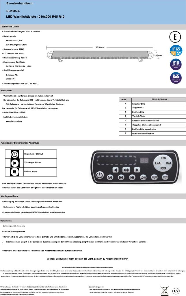 Warnbalken Warnleuchte Leuchtbalken Dachbalken LED 1010x200 R65 8 Modi