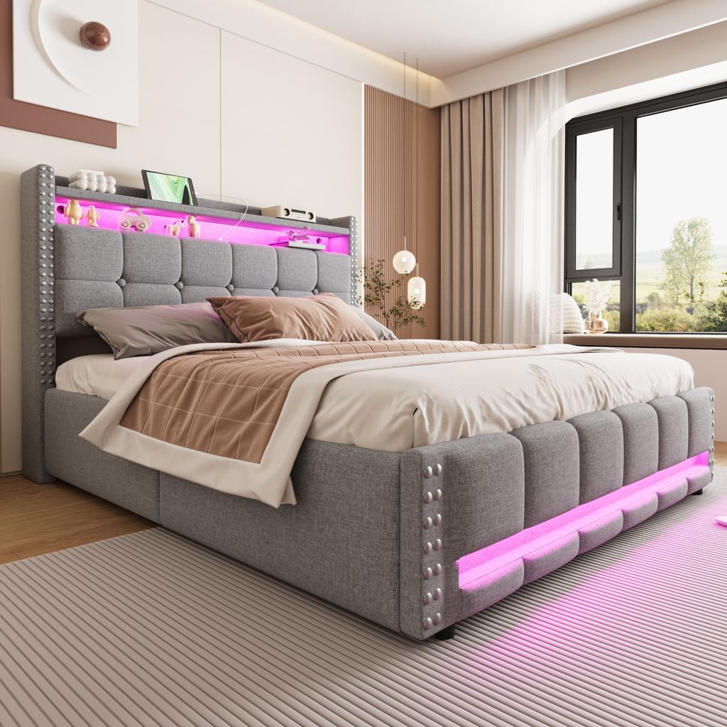 okwish Polsterbett 160x200 Doppelbett mit LED-Beleuchtung,Stauraumbett mit USB-Steckdose und Bettkasten/Kopfteil Stauraum,Hellgrau (mit Matratze)