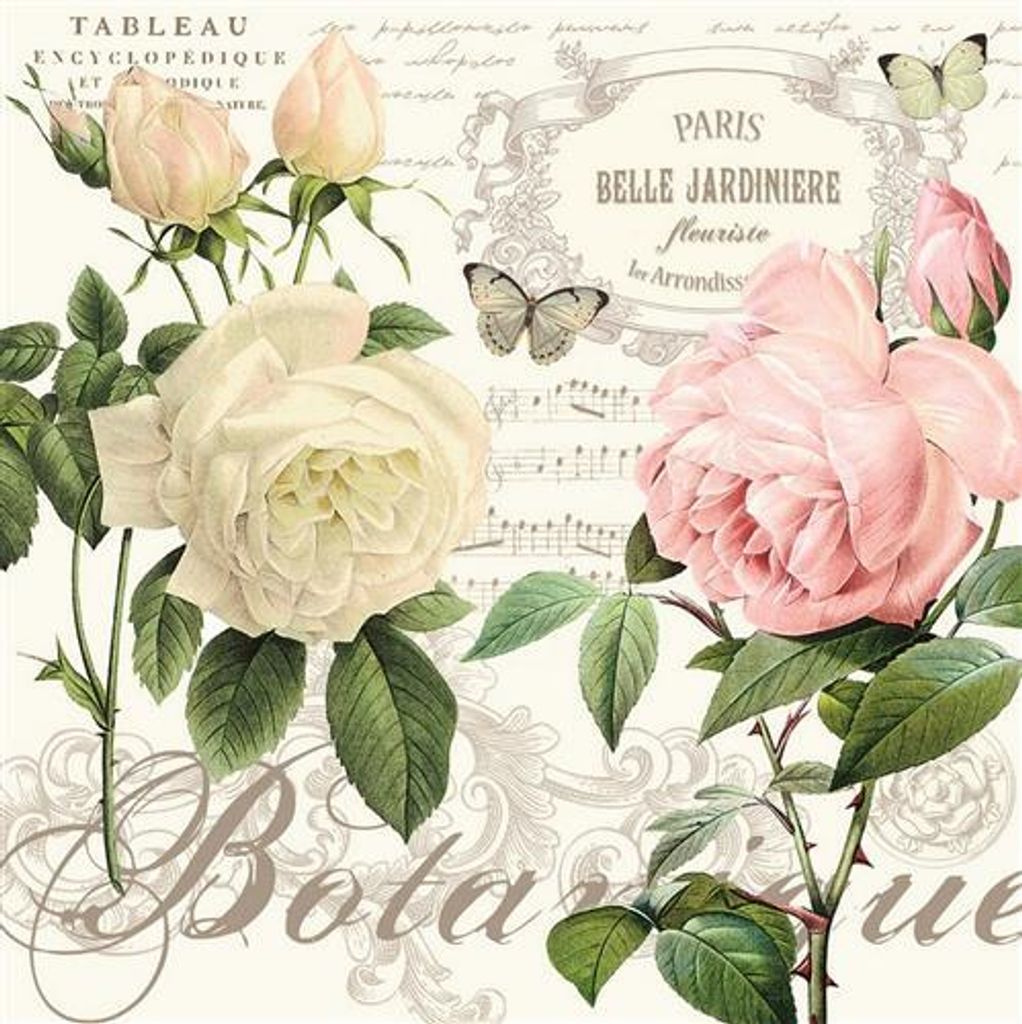 20 Servietten Jardin Botanique - Vintage Rosen rosa/weiß 33x33cm