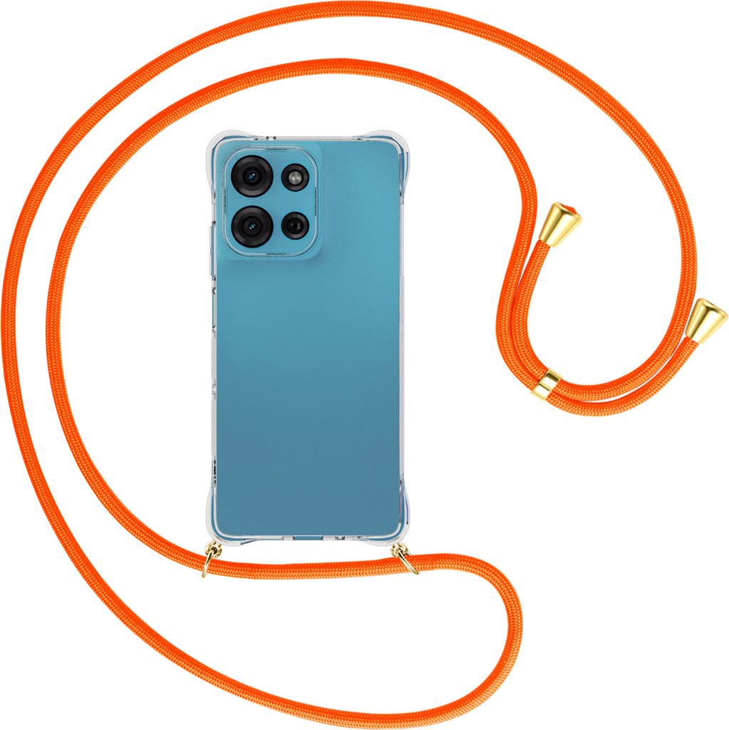 Handykette Backcover-Schutzhülle mit Band (Metall goldfarben) für Motorola Moto G75 5G - neonorange