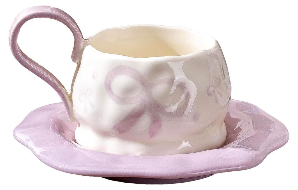300ml Porzellan Kaffeetassen Set mit Schmetterlingsschleife - Lila Keramiktasse und Untertasse, Geschenkidee für Frauen, Freundinnen, Geburtstage,...