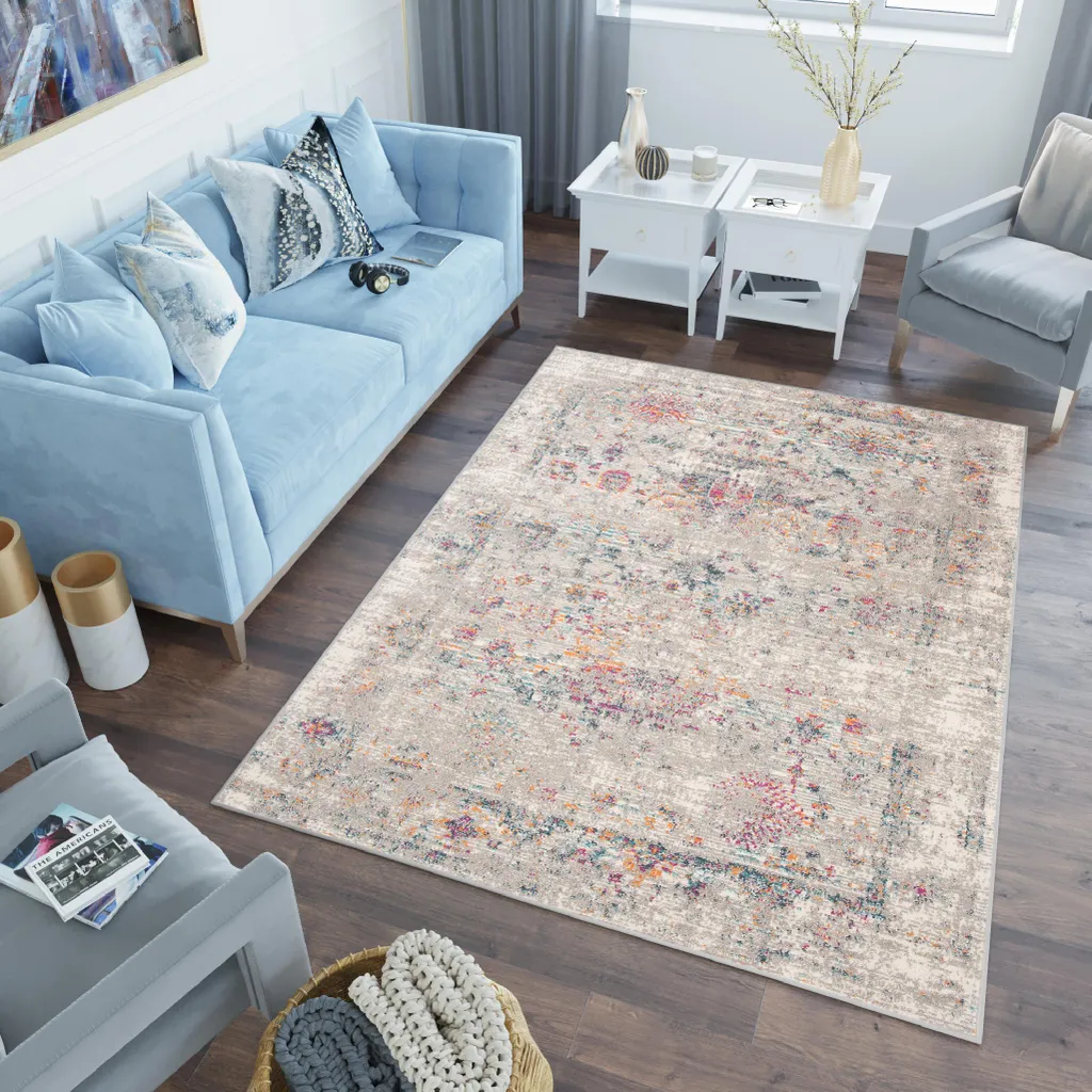 Tapis de Salon LAZUR 180x260 cm Motif Abstrait Bleu Rose et Gris