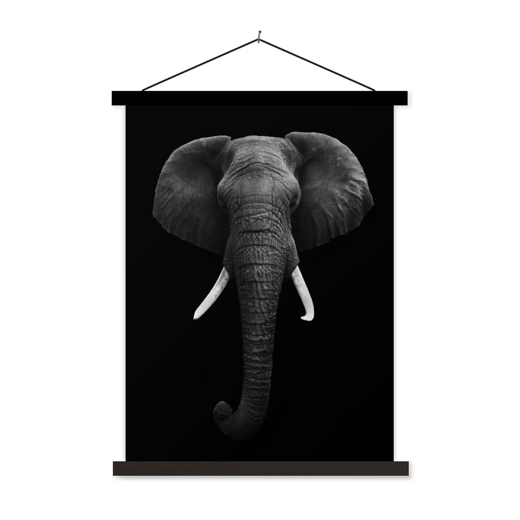 MuchoWow Textilposter Elefant - Wildtiere - Schwarz - Weiß - Porträt 90x120 cm mit schwarzem Rahmen - Dekoration