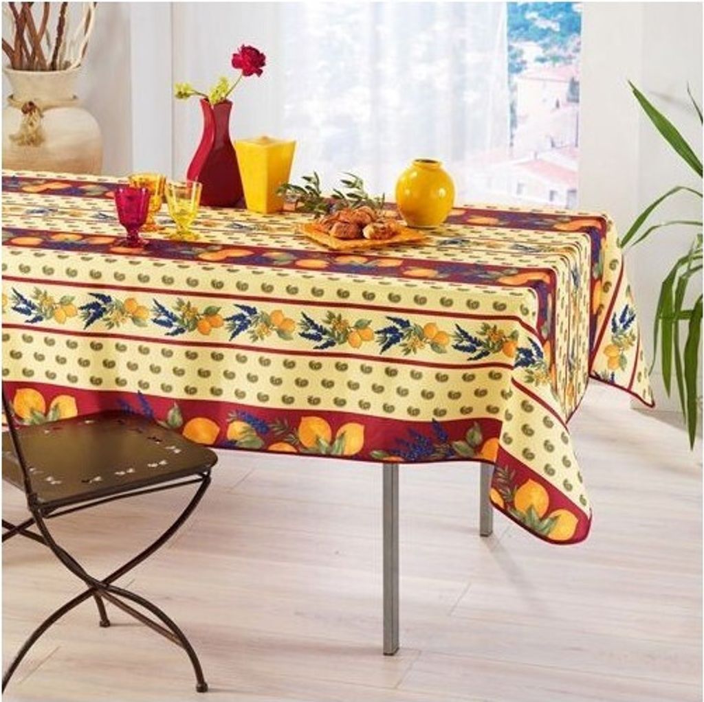 Provenzalische rechteckige oder runde Anti-Flecken-Tischdecke aus Polyester, Zitronenrot, 150 x 300 cm