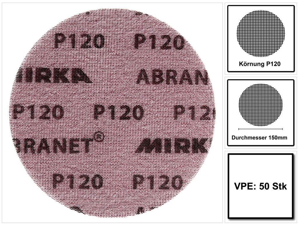 A circular abrasive disc with text and branding, shown next to three informational diagrams.