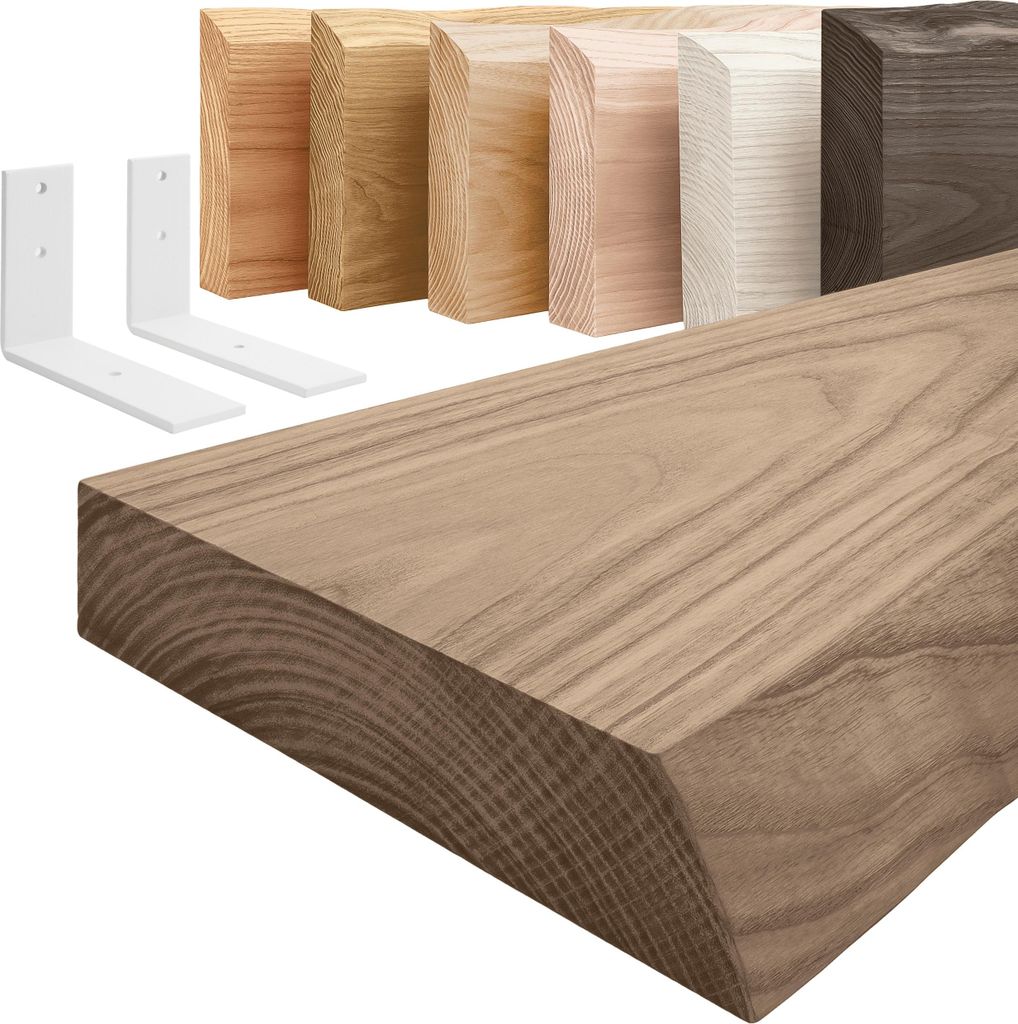 LAMO Manufaktur Wandregal Holz Baumkante | Regal Farbe: Nussbaum | mit weißem Basic Regalträger | 80 cm