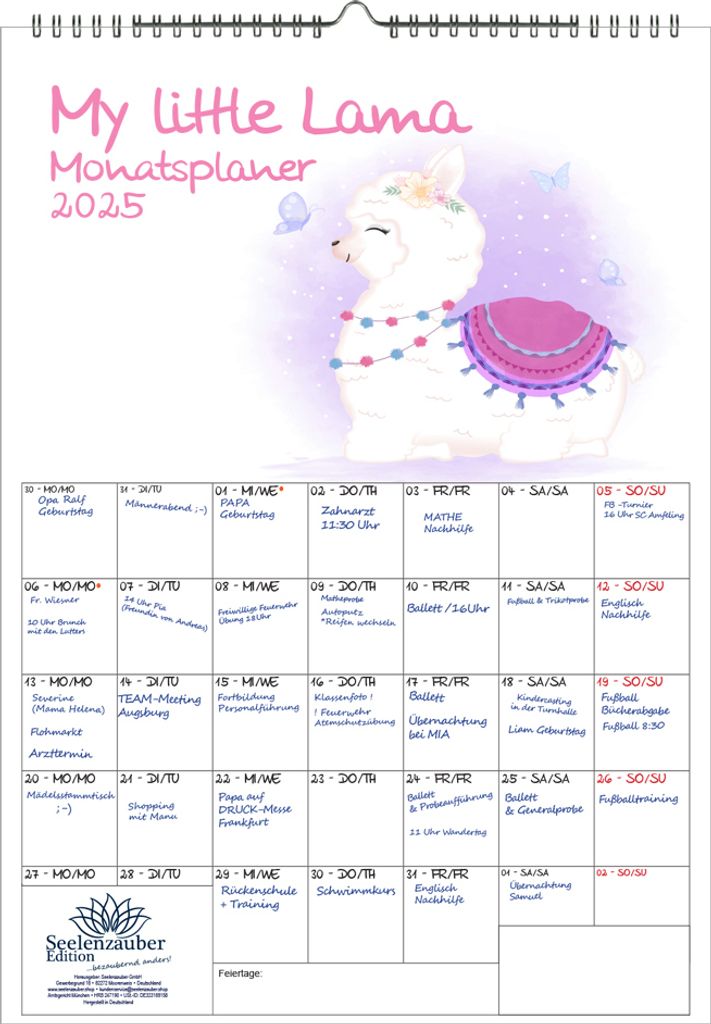 My little Lama Planer DIN A3 Kalender für 2025 Lama Alpaka - Seelenzauber
