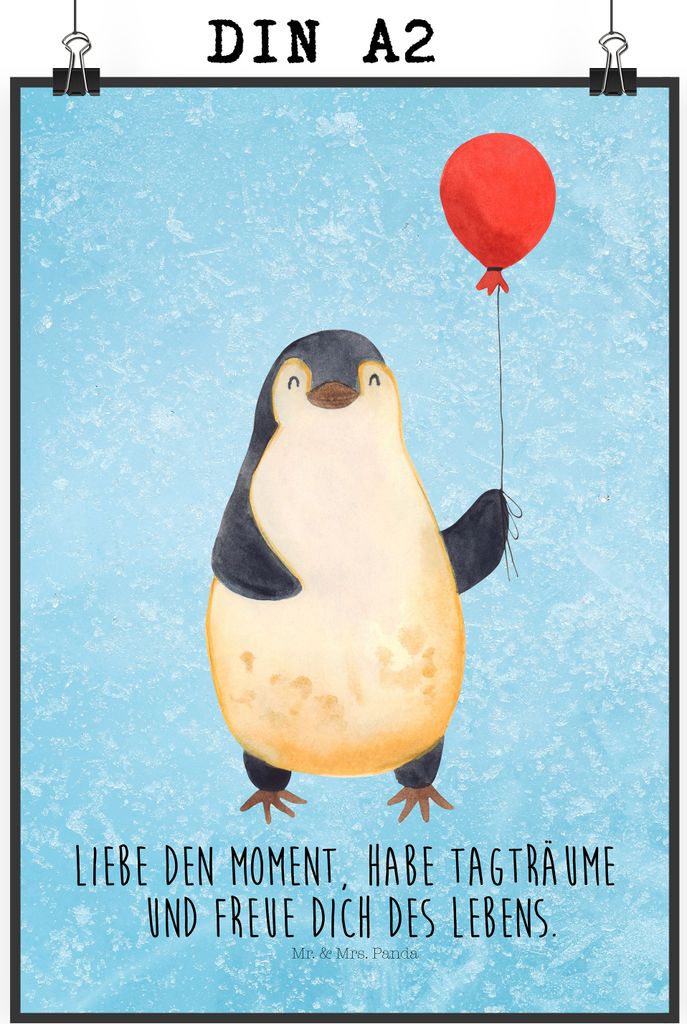 Mr. & Mrs. Panda Bild Pinguin Luftballon DIN A2 - Eisblau - Geschenk, Wanddekoration, wanddeko, Wandbild, Plakat, Freundin, Liebe, Neues Leben, dru...